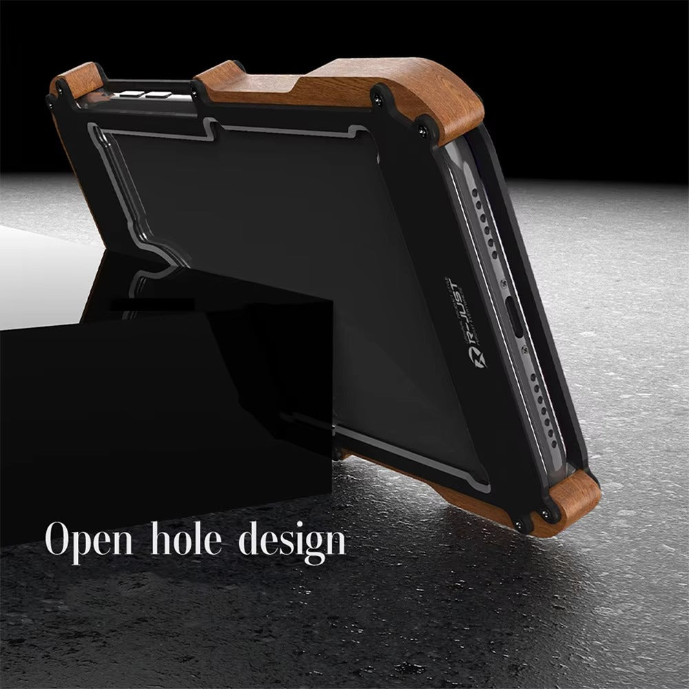 Luxury iPhone Case — Metal + Real Wood Bumper Cover with Shockproof Drop-Proof Aluminum Frame, Lightweight Non-Slip Design and Premium Craft Finish