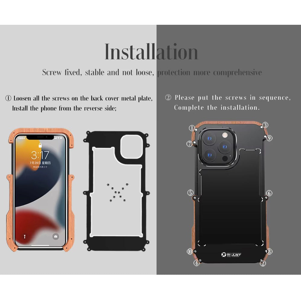 Luxury iPhone Case — Metal + Real Wood Bumper Cover with Shockproof Drop-Proof Aluminum Frame, Lightweight Non-Slip Design and Premium Craft Finish