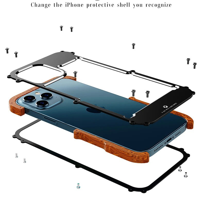 Luxury iPhone Case — Metal + Real Wood Bumper Cover with Shockproof Drop-Proof Aluminum Frame, Lightweight Non-Slip Design and Premium Craft Finish
