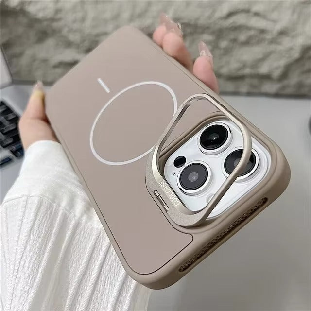 Luxury iPhone Case — Organic Silicone MagSafe Cover with Lens Stand Holder, Shockproof Soft-Edge Protection, Anti-Fingerprint Anti-Scratch Lightweight Design