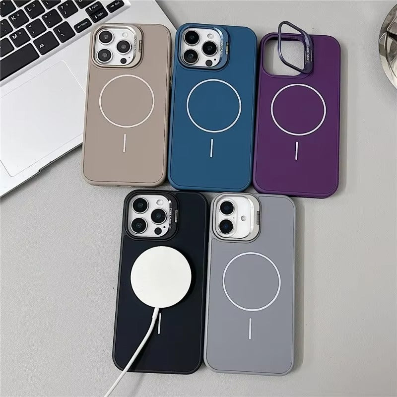 Luxury iPhone Case — Organic Silicone MagSafe Cover with Lens Stand Holder, Shockproof Soft-Edge Protection, Anti-Fingerprint Anti-Scratch Lightweight Design