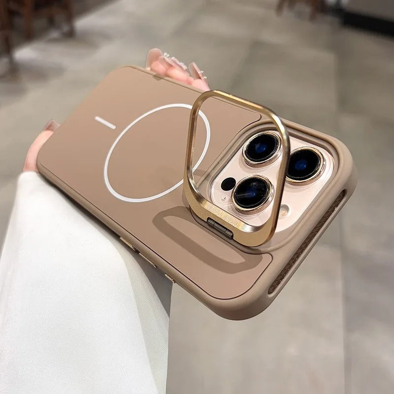 Luxury iPhone Case — Organic Silicone MagSafe Cover with Lens Stand Holder, Shockproof Soft-Edge Protection, Anti-Fingerprint Anti-Scratch Lightweight Design