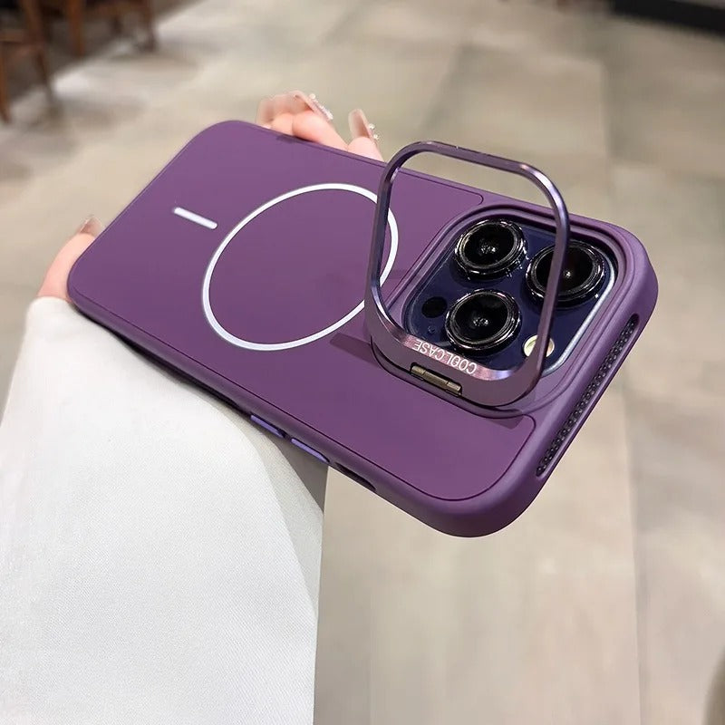 Luxury iPhone Case — Organic Silicone MagSafe Cover with Lens Stand Holder, Shockproof Soft-Edge Protection, Anti-Fingerprint Anti-Scratch Lightweight Design