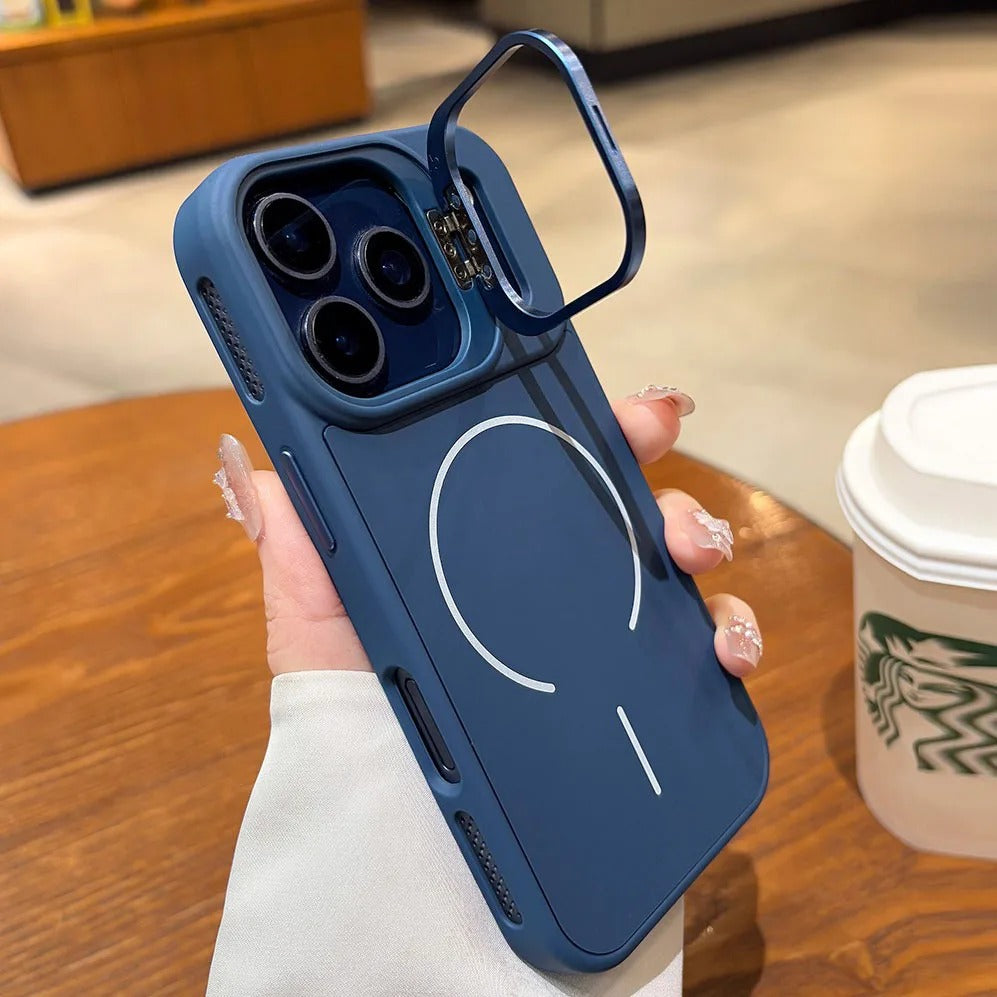 Luxury iPhone Case — Organic Silicone MagSafe Cover with Lens Stand Holder, Shockproof Soft-Edge Protection, Anti-Fingerprint Anti-Scratch Lightweight Design