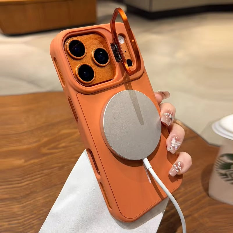 Luxury iPhone Case — Organic Silicone MagSafe Cover with Lens Stand Holder, Shockproof Soft-Edge Protection, Anti-Fingerprint Anti-Scratch Lightweight Design
