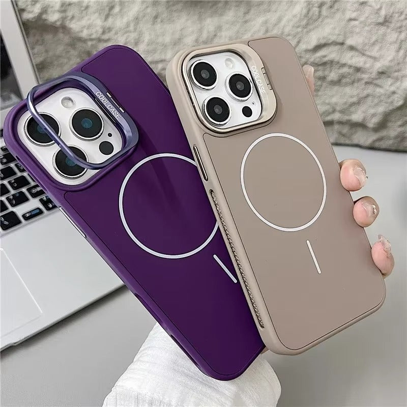 Luxury iPhone Case — Organic Silicone MagSafe Cover with Lens Stand Holder, Shockproof Soft-Edge Protection, Anti-Fingerprint Anti-Scratch Lightweight Design