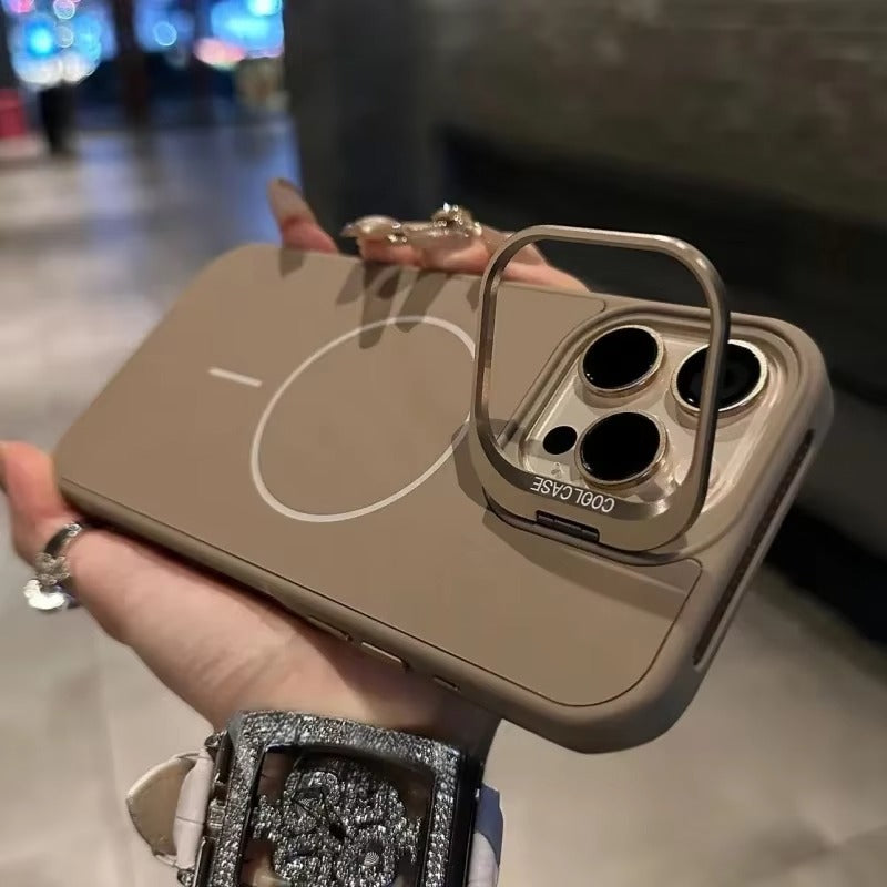 Luxury iPhone Case — Organic Silicone MagSafe Cover with Lens Stand Holder, Shockproof Soft-Edge Protection, Anti-Fingerprint Anti-Scratch Lightweight Design