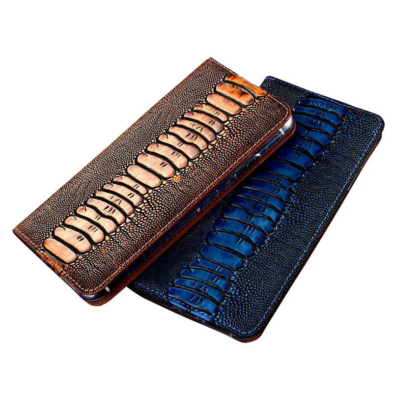 Luxury iPhone Case — Ostrich Foot Genuine Leather Cover, Magnetic Wallet with Card Pocket, Kickstand Function, Water-Resistant Design