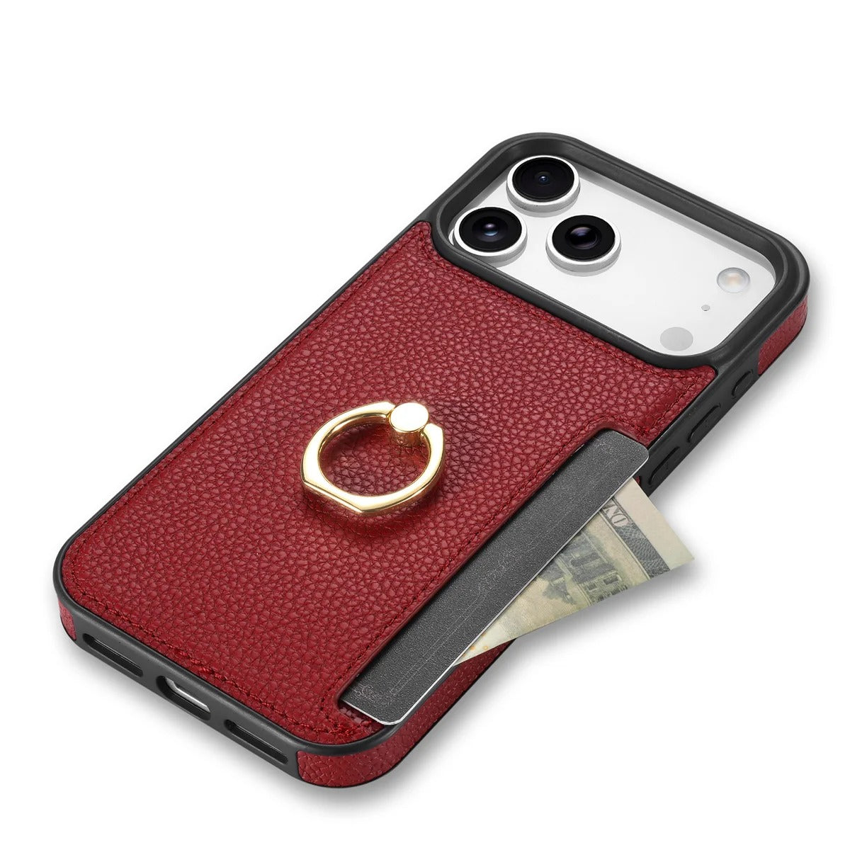 Luxury iPhone Case — PU Leather 360° Ring Holder Cover with Card Slots, Kickstand, Shockproof PC+TPU Protection and Anti-Fingerprint Finish
