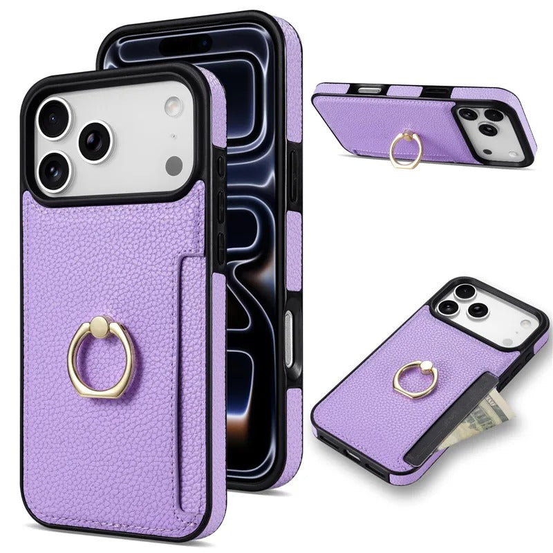 Luxury iPhone Case — PU Leather 360° Ring Holder Cover with Card Slots, Kickstand, Shockproof PC+TPU Protection and Anti-Fingerprint Finish