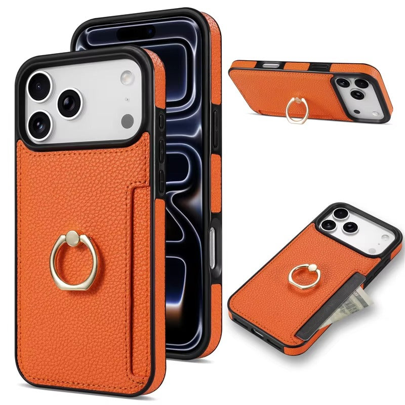 Luxury iPhone Case — PU Leather 360° Ring Holder Cover with Card Slots, Kickstand, Shockproof PC+TPU Protection and Anti-Fingerprint Finish