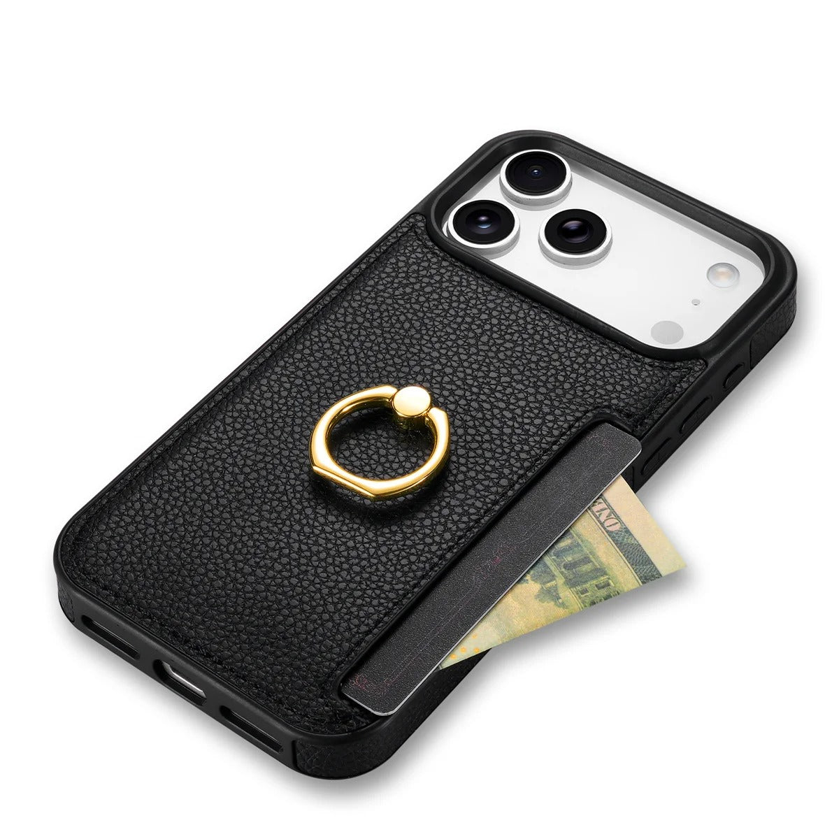 Luxury iPhone Case — PU Leather 360° Ring Holder Cover with Card Slots, Kickstand, Shockproof PC+TPU Protection and Anti-Fingerprint Finish