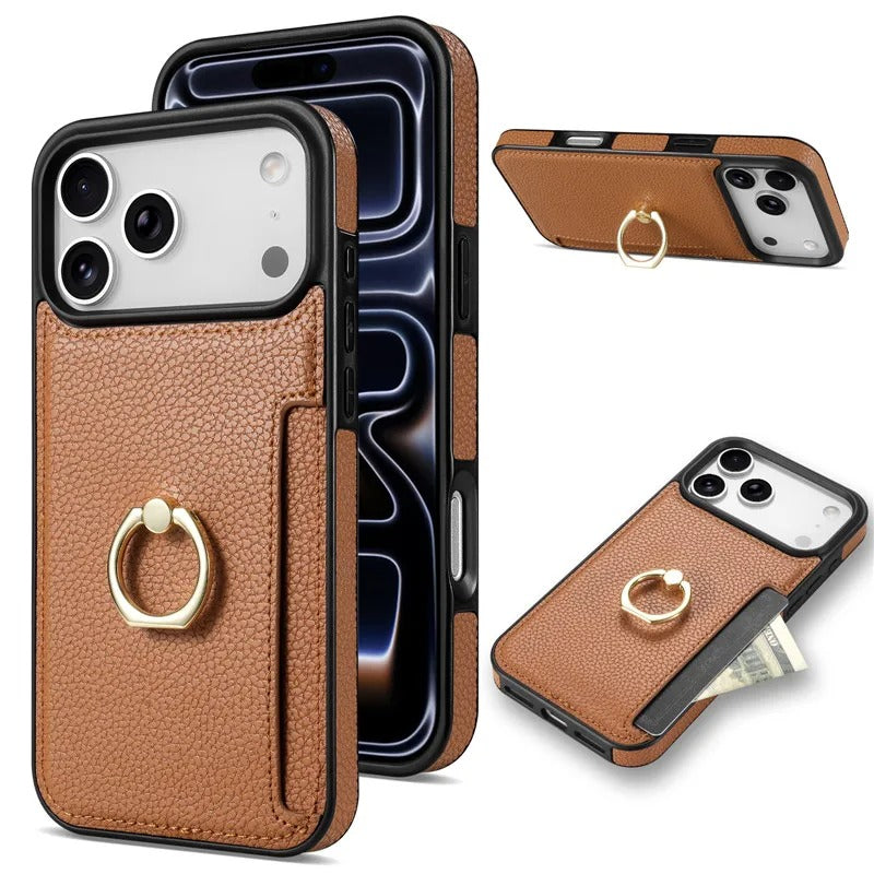 Luxury iPhone Case — PU Leather 360° Ring Holder Cover with Card Slots, Kickstand, Shockproof PC+TPU Protection and Anti-Fingerprint Finish