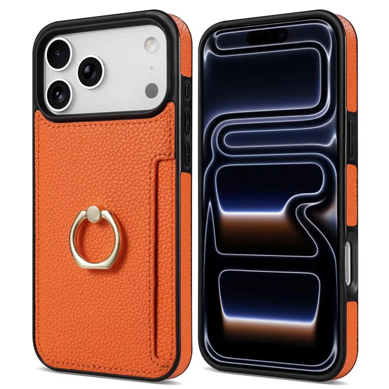 Luxury iPhone Case — PU Leather 360° Ring Holder Cover with Card Slots, Kickstand, Shockproof PC+TPU Protection and Anti-Fingerprint Finish