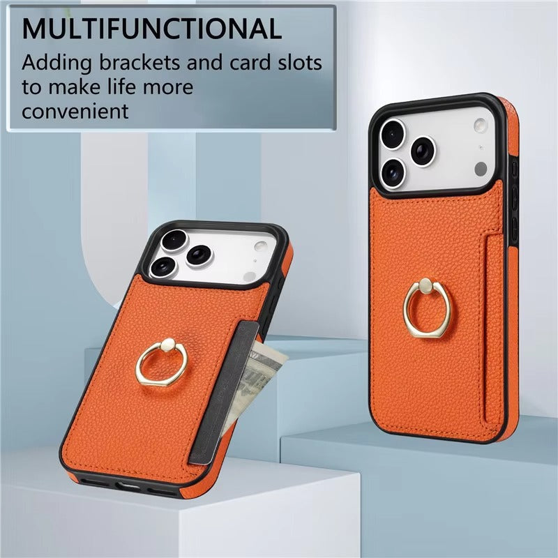 Luxury iPhone Case — PU Leather 360° Ring Holder Cover with Card Slots, Kickstand, Shockproof PC+TPU Protection and Anti-Fingerprint Finish
