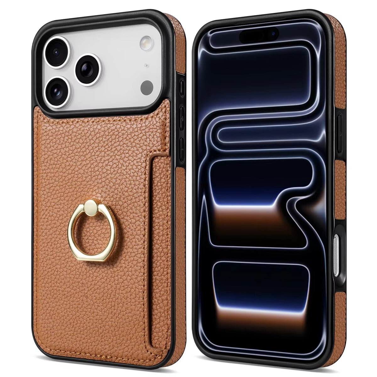 Luxury iPhone Case — PU Leather 360° Ring Holder Cover with Card Slots, Kickstand, Shockproof PC+TPU Protection and Anti-Fingerprint Finish