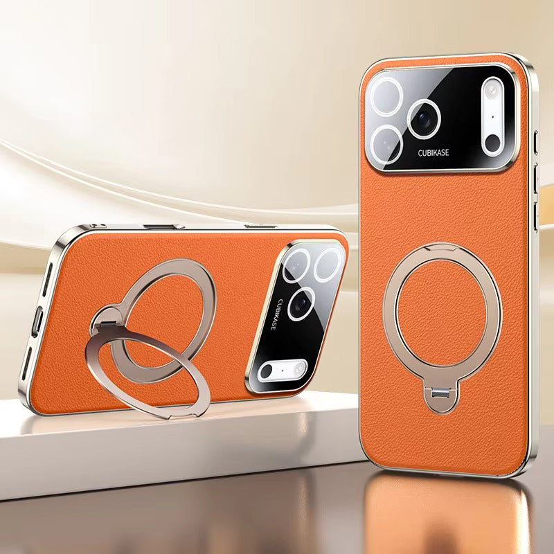 Luxury iPhone Case — PU Leather Cover with Rotating Metal Bracket Stand, Shockproof Back Protection and Premium Non-Slip Design