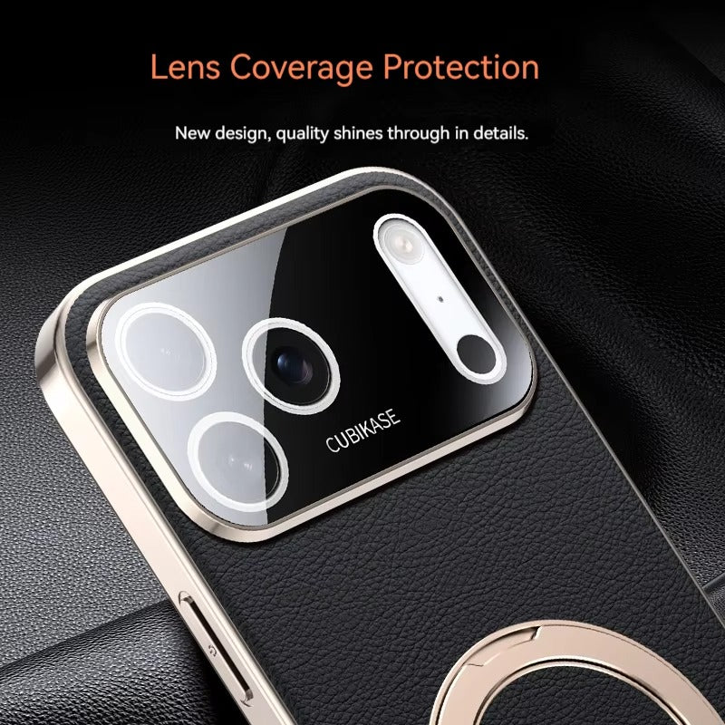 Luxury iPhone Case — PU Leather Cover with Rotating Metal Bracket Stand, Shockproof Back Protection and Premium Non-Slip Design