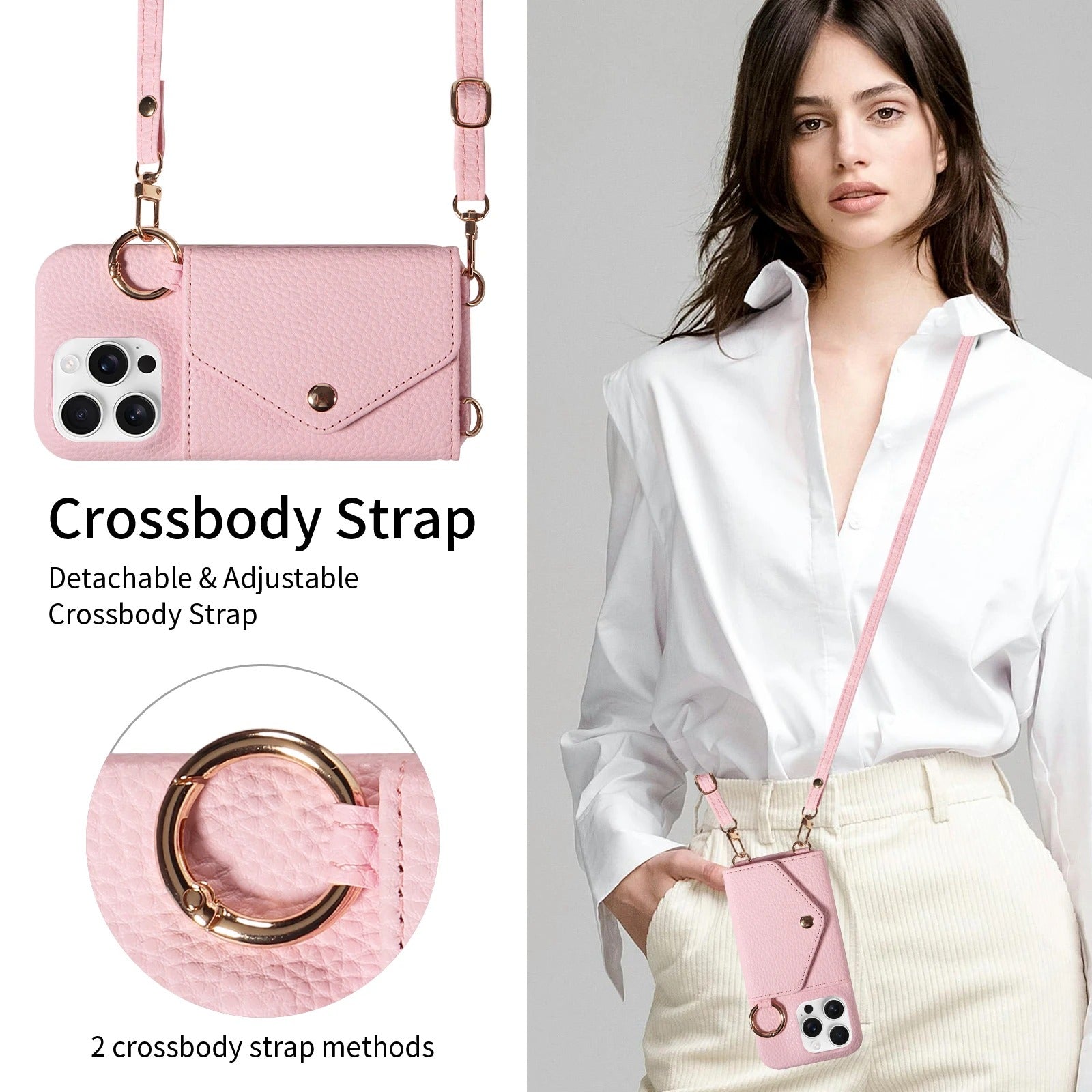 Luxury iPhone Case — PU Leather Crossbody Cover with Anti-Demagnetization Protection, Anti-Drop Design & Built-In Mirror for Hands-Free Convenience