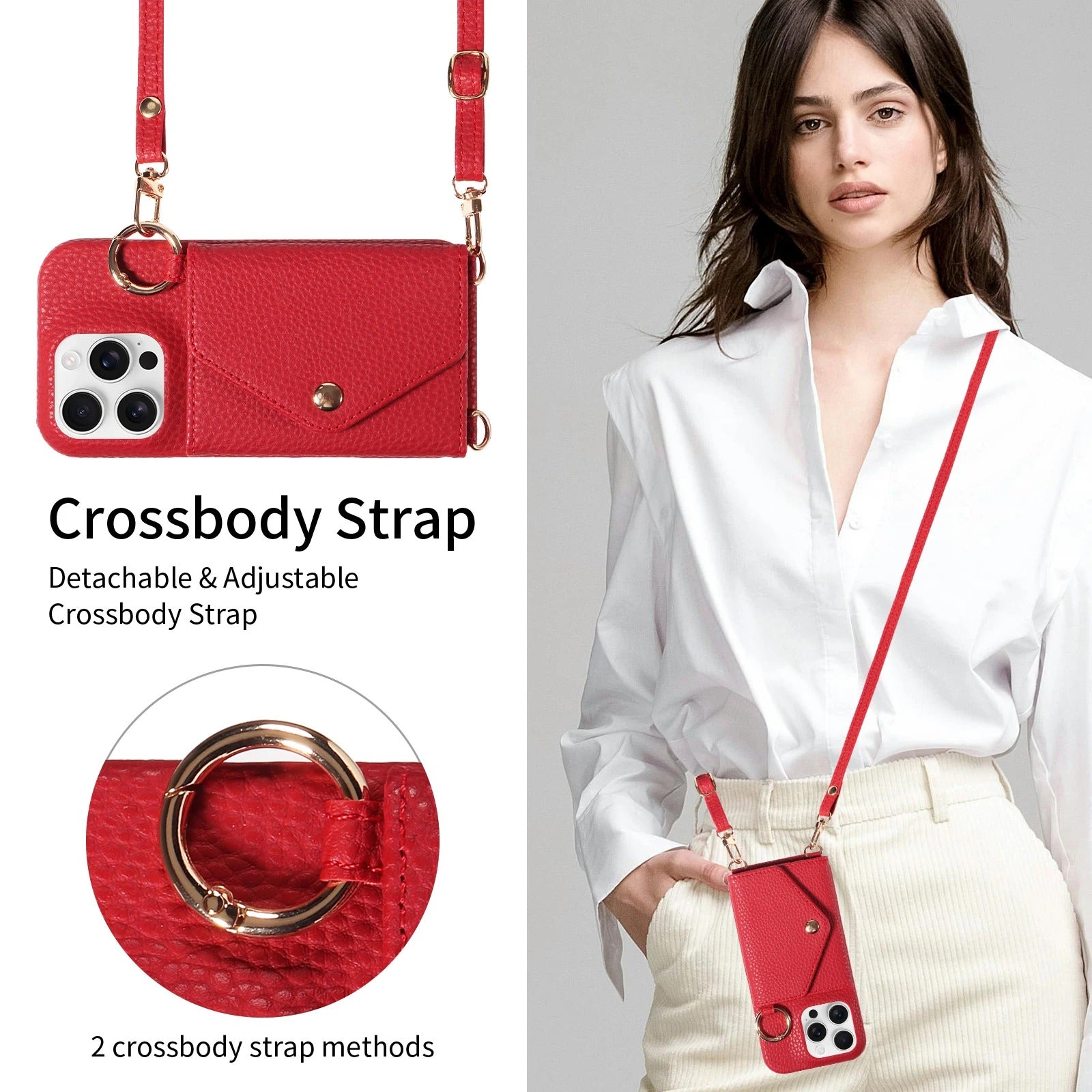 Luxury iPhone Case — PU Leather Crossbody Cover with Anti-Demagnetization Protection, Anti-Drop Design & Built-In Mirror for Hands-Free Convenience