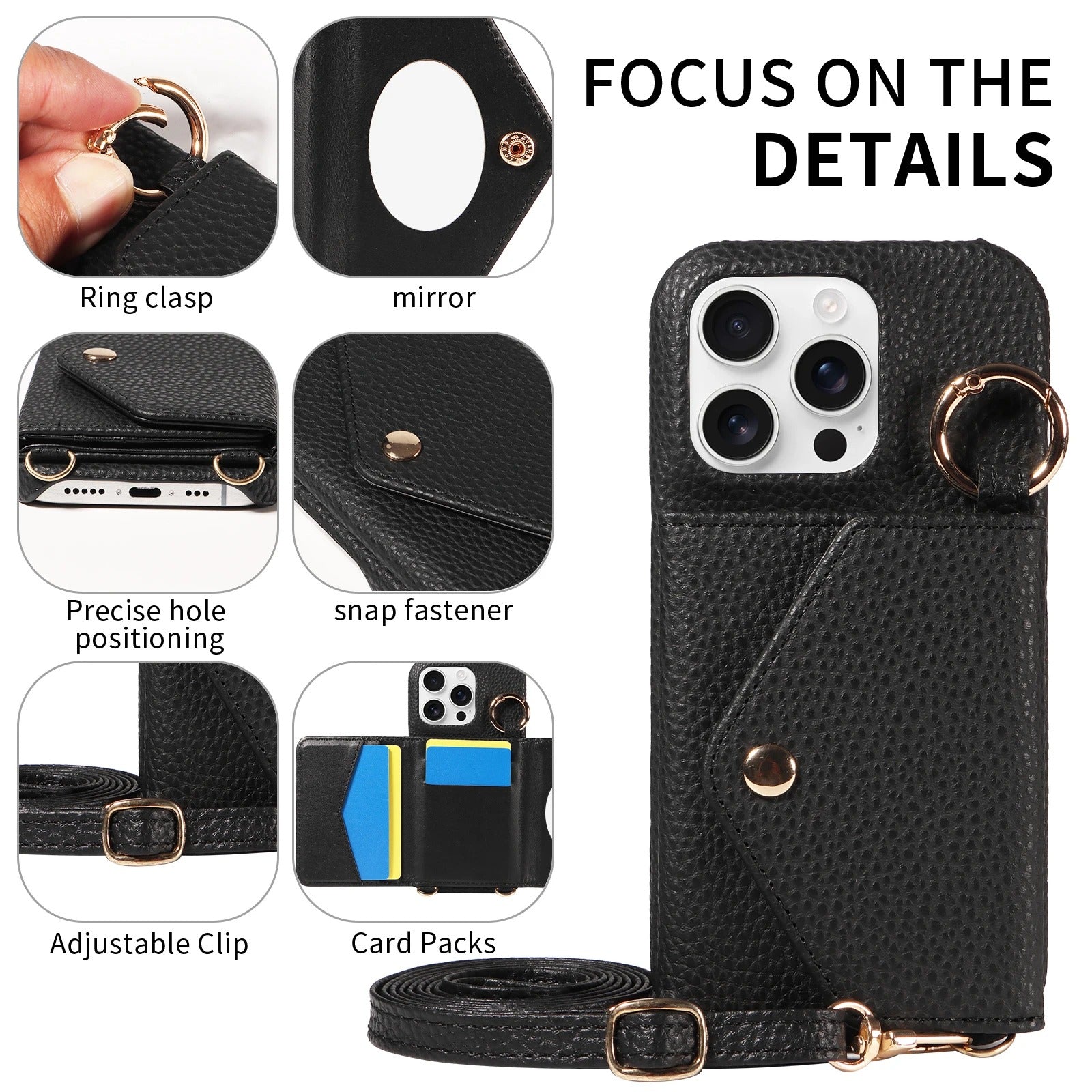 Luxury iPhone Case — PU Leather Crossbody Cover with Anti-Demagnetization Protection, Anti-Drop Design & Built-In Mirror for Hands-Free Convenience