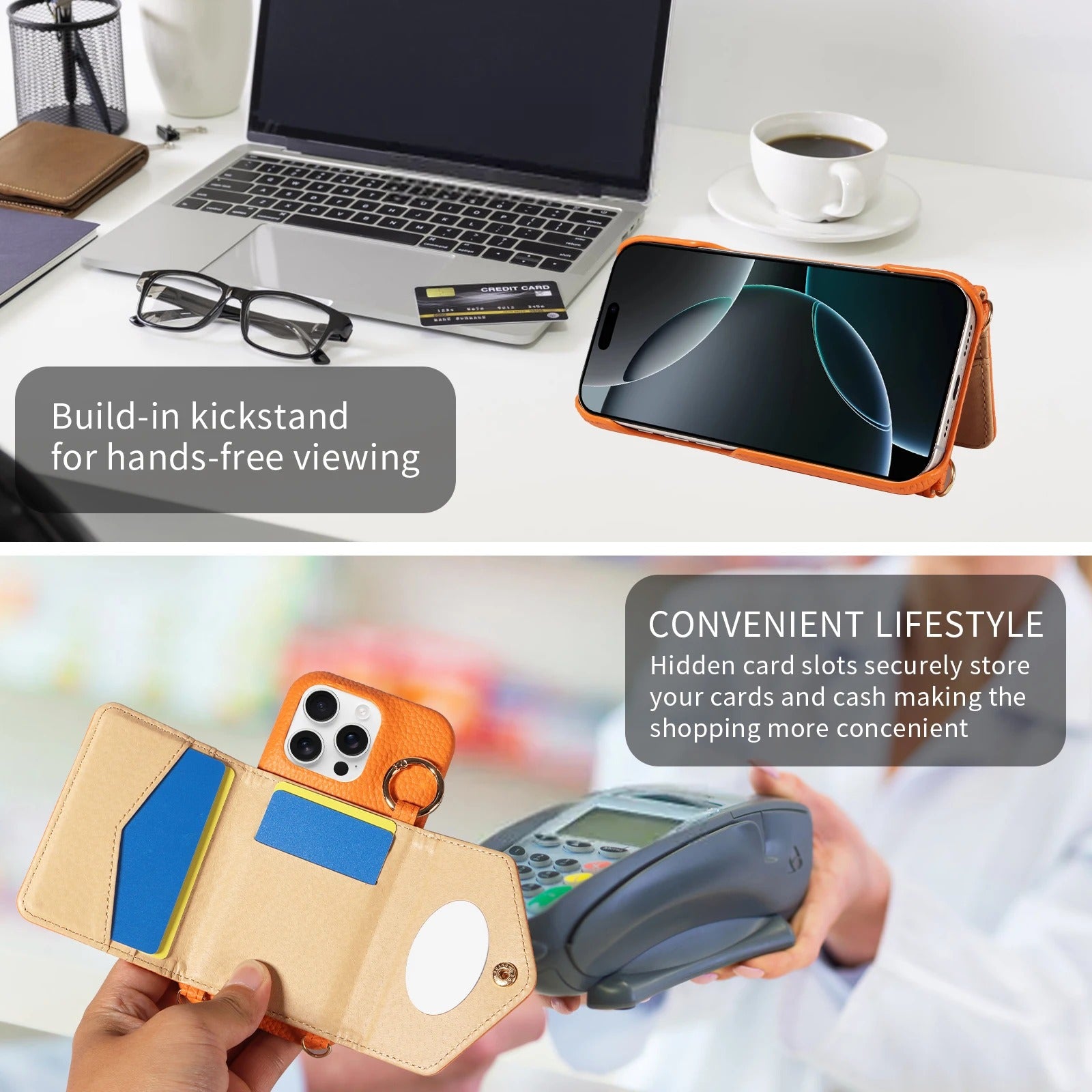 Luxury iPhone Case — PU Leather Crossbody Cover with Anti-Demagnetization Protection, Anti-Drop Design & Built-In Mirror for Hands-Free Convenience