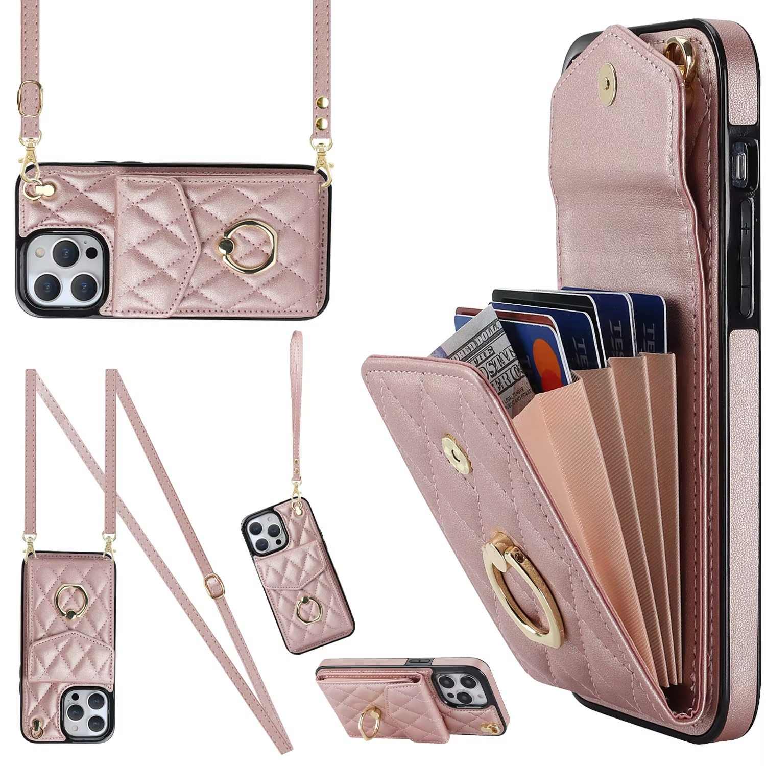 Luxury iPhone Case — PU Leather Crossbody Wallet Cover with Multi Card Slots, Ring Holder Lanyard, Magnetic Closure and Shockproof Anti-Fingerprint Protection
