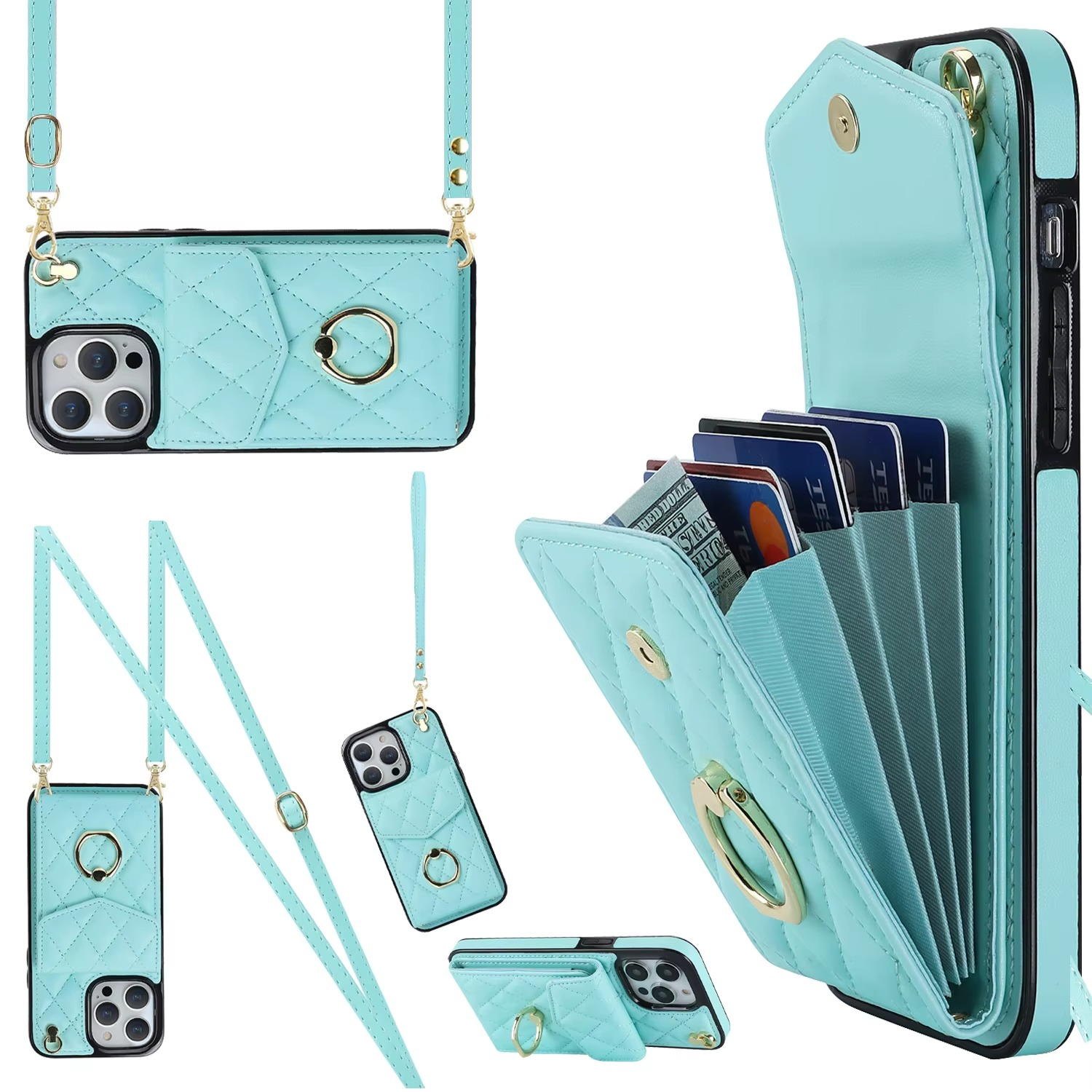 Luxury iPhone Case — PU Leather Crossbody Wallet Cover with Multi Card Slots, Ring Holder Lanyard, Magnetic Closure and Shockproof Anti-Fingerprint Protection