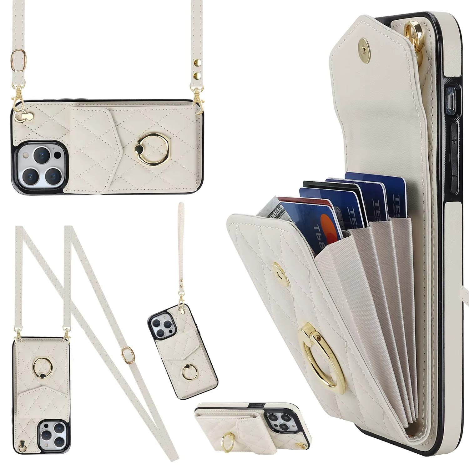 Luxury iPhone Case — PU Leather Crossbody Wallet Cover with Multi Card Slots, Ring Holder Lanyard, Magnetic Closure and Shockproof Anti-Fingerprint Protection