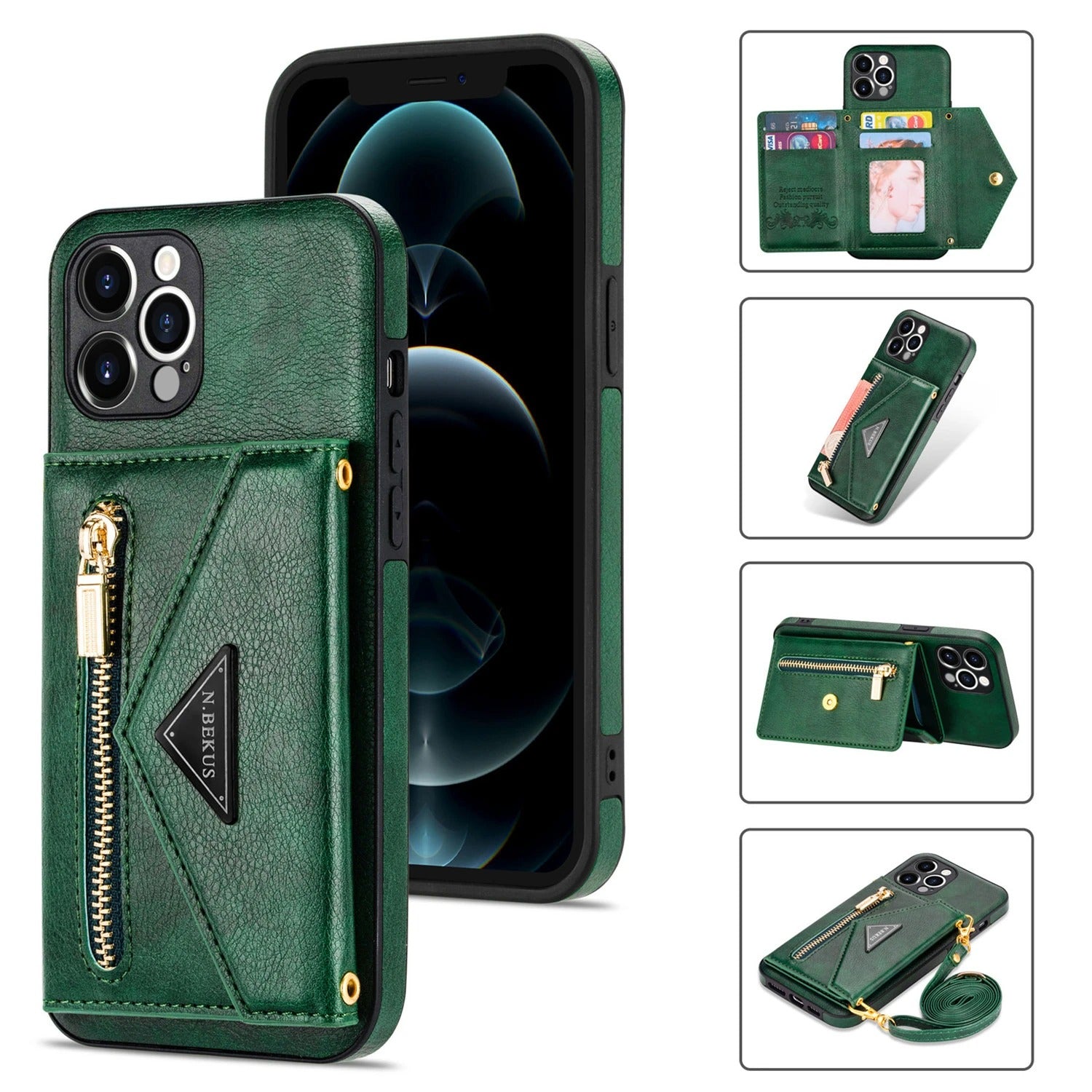Luxury iPhone Case — PU Leather Crossbody Wallet Cover with Zipper Pocket, Card Holder, Long Lanyard Strap and Shockproof Protective Design