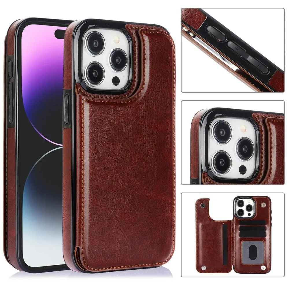 Luxury iPhone Case — PU Leather Flip Wallet Cover with Card Slots, Kickstand Holder, Full-Protection Design and Anti-Fingerprint Finish