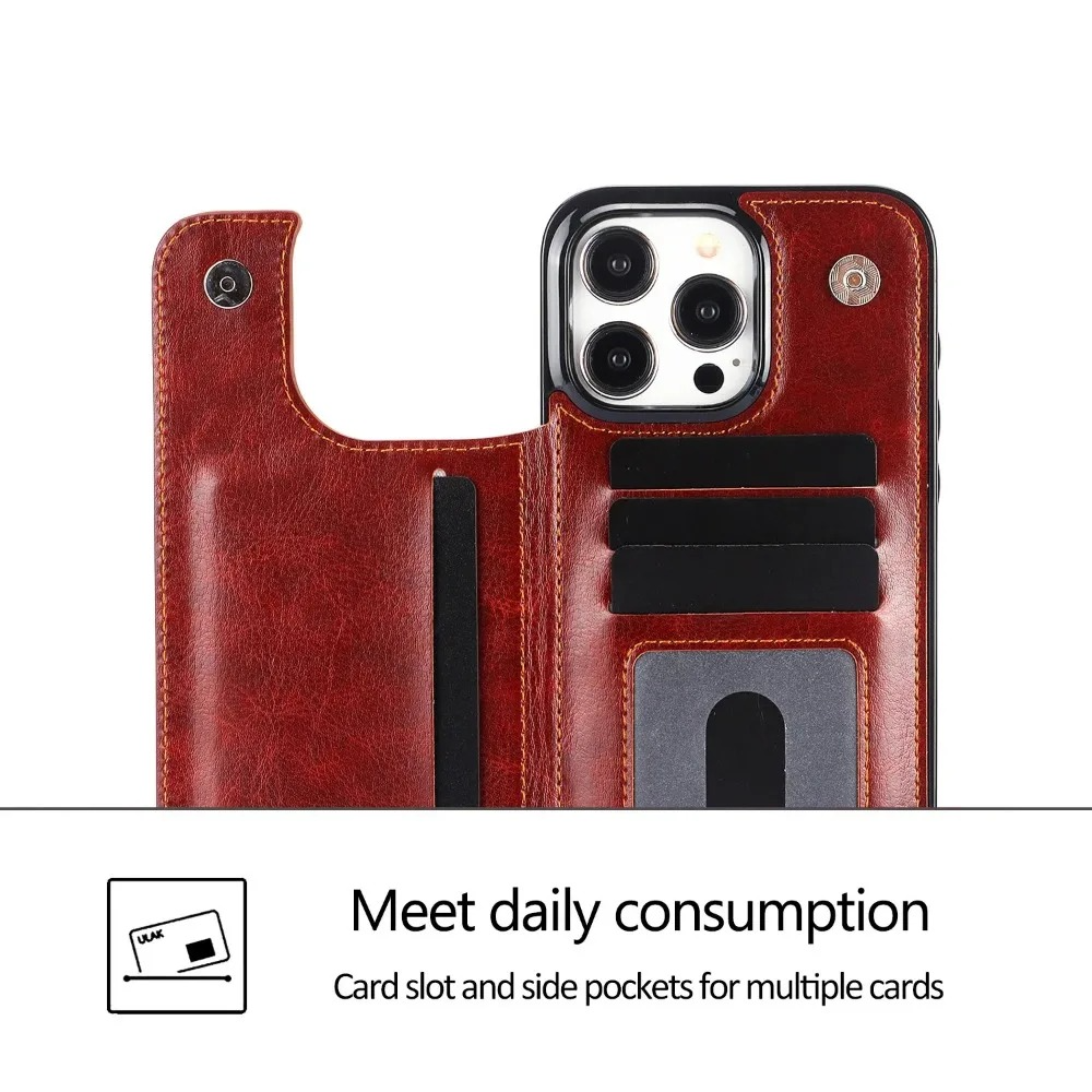 Luxury iPhone Case — PU Leather Flip Wallet Cover with Card Slots, Kickstand Holder, Full-Protection Design and Anti-Fingerprint Finish