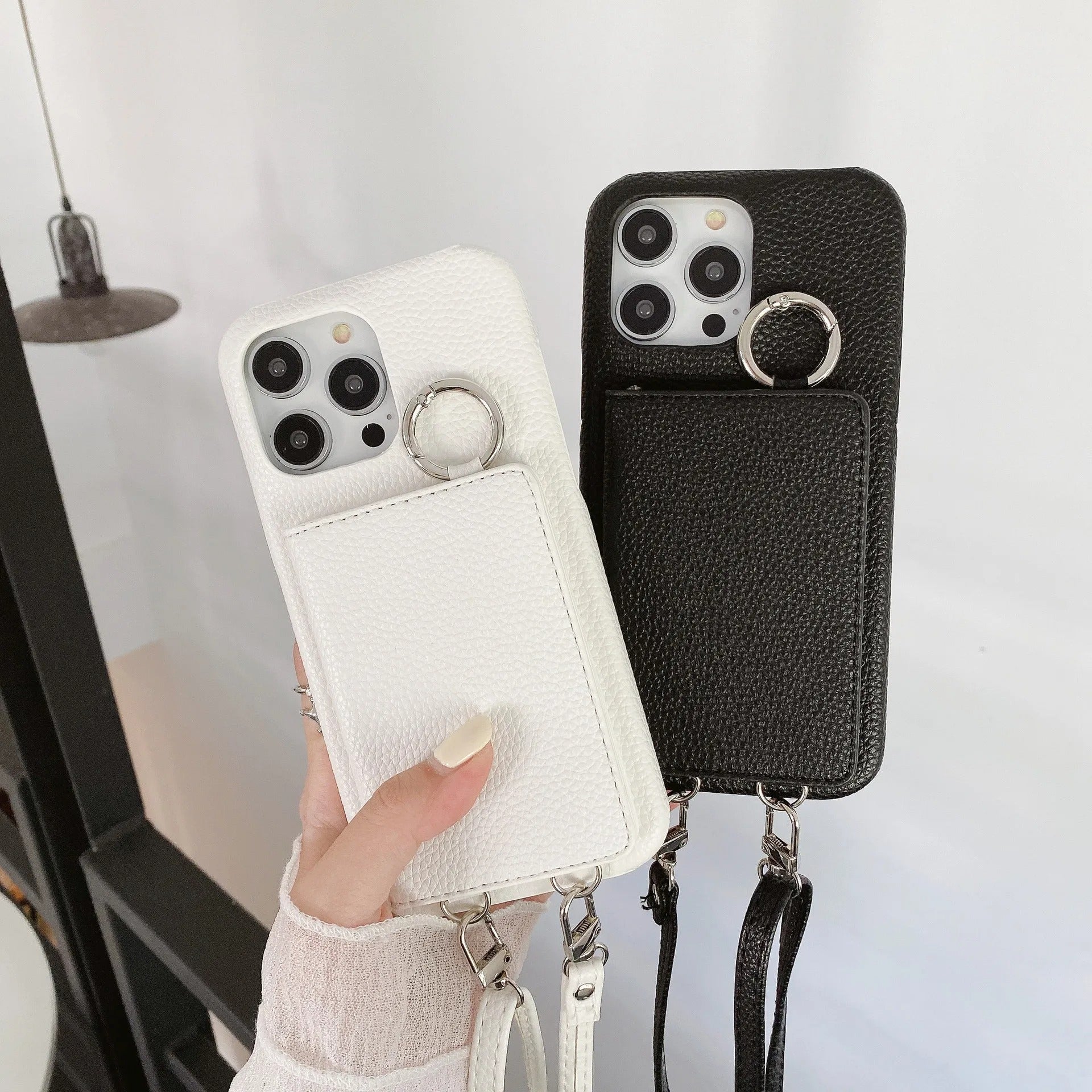 Luxury iPhone Case — PU Leather Mirror Wallet Cover with Card Slot, Ring Holder, Kickstand and Crossbody Lanyard for Shockproof Protection