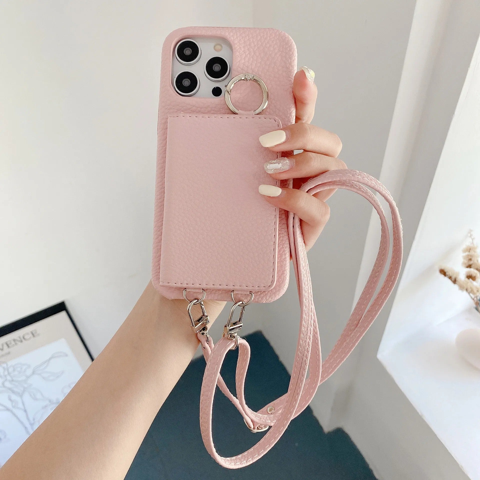 Luxury iPhone Case — PU Leather Mirror Wallet Cover with Card Slot, Ring Holder, Kickstand and Crossbody Lanyard for Shockproof Protection