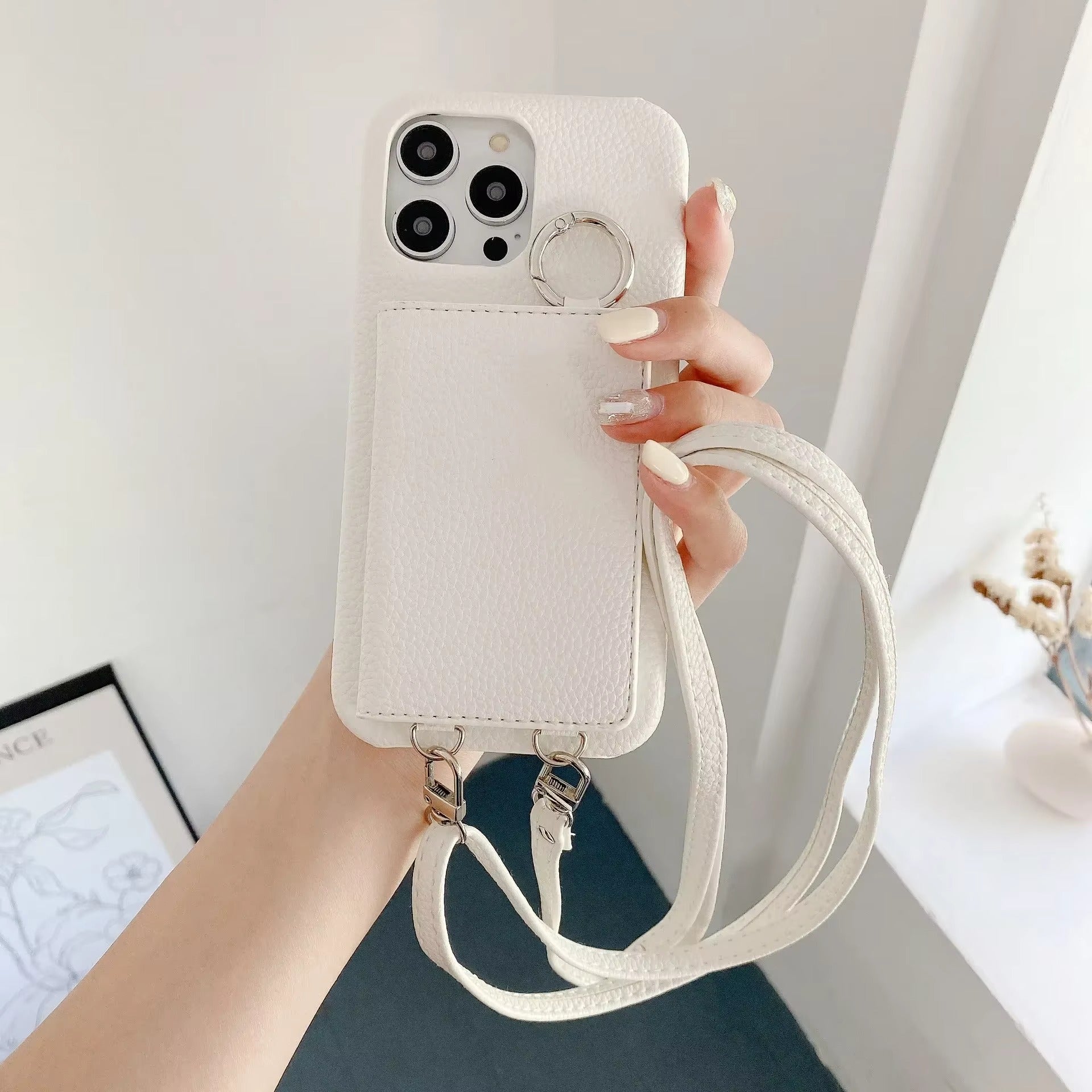 Luxury iPhone Case — PU Leather Mirror Wallet Cover with Card Slot, Ring Holder, Kickstand and Crossbody Lanyard for Shockproof Protection