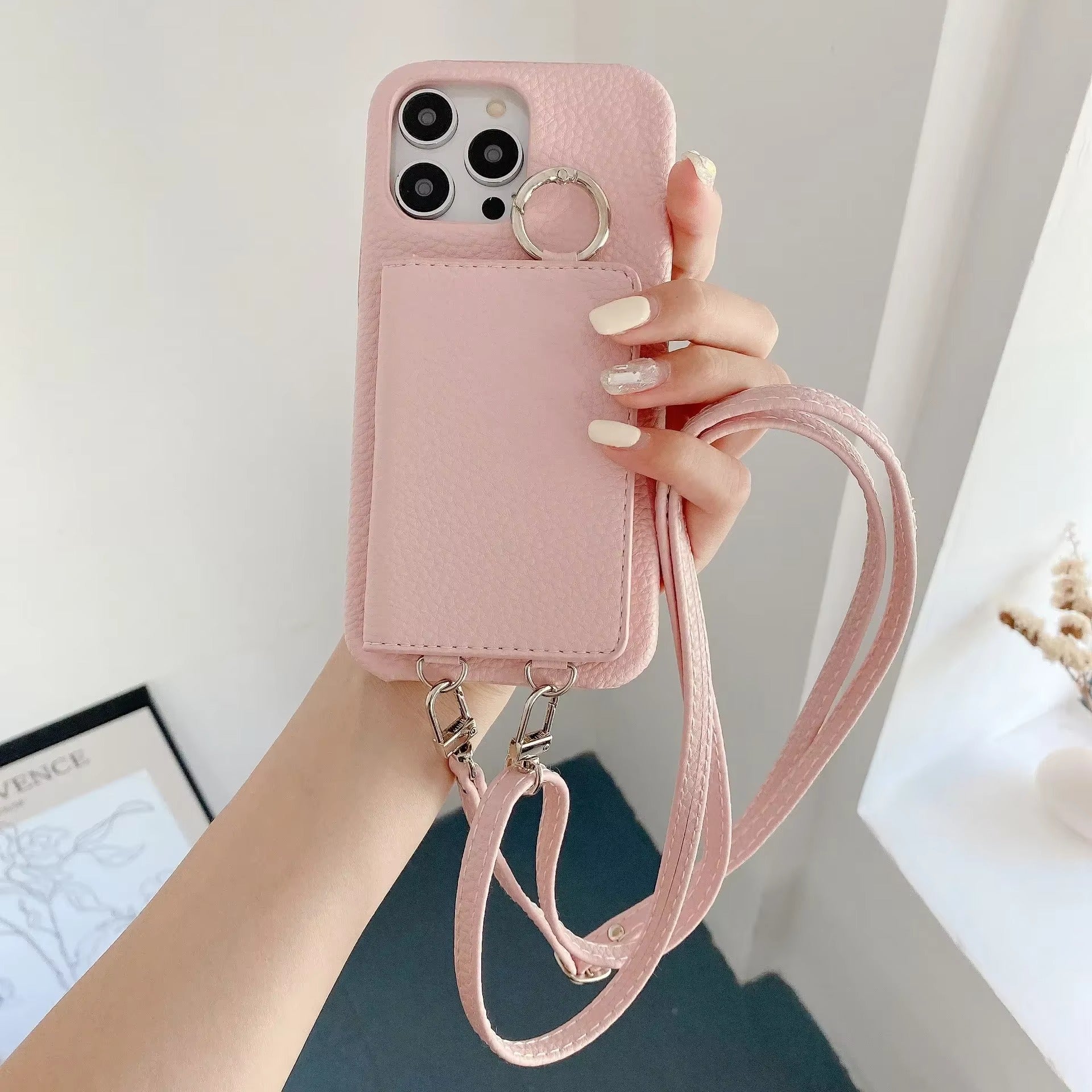 Luxury iPhone Case — PU Leather Mirror Wallet Cover with Card Slot, Ring Holder, Kickstand and Crossbody Lanyard for Shockproof Protection