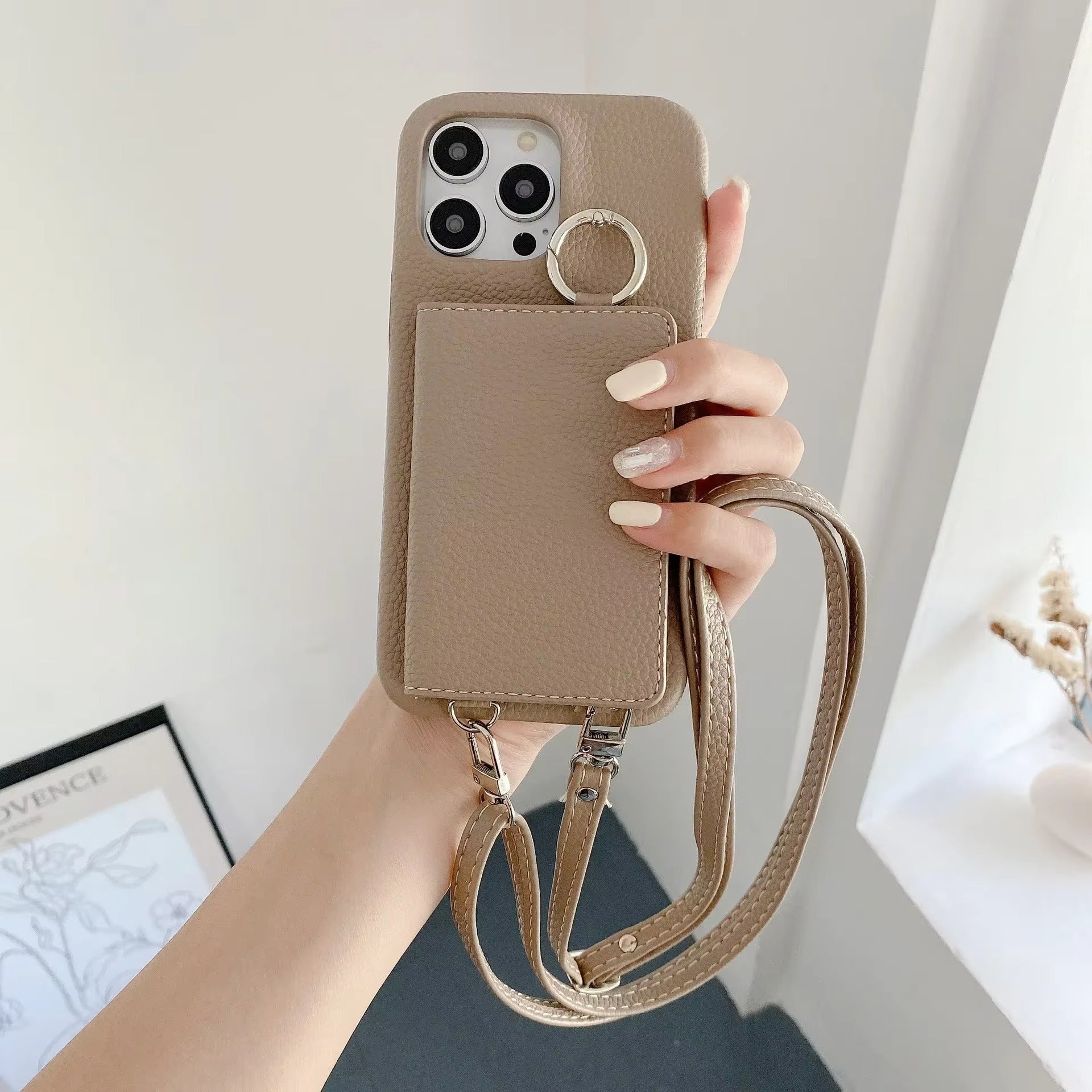 Luxury iPhone Case — PU Leather Mirror Wallet Cover with Card Slot, Ring Holder, Kickstand and Crossbody Lanyard for Shockproof Protection