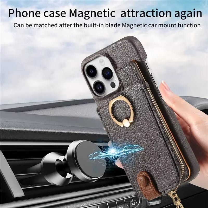 Luxury iPhone Case — PU Leather Zipper Wallet Cover with Card Holder, Ring Kickstand, Lanyard Strap and Magnetic Anti-Fingerprint Protection