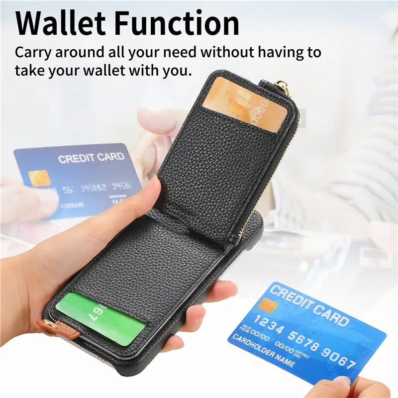 Luxury iPhone Case — PU Leather Zipper Wallet Cover with Card Holder, Ring Kickstand, Lanyard Strap and Magnetic Anti-Fingerprint Protection