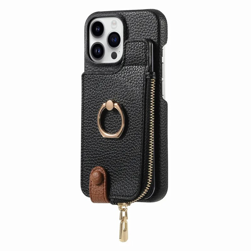 Luxury iPhone Case — PU Leather Zipper Wallet Cover with Card Holder, Ring Kickstand, Lanyard Strap and Magnetic Anti-Fingerprint Protection