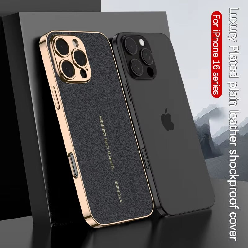 Luxury iPhone Case — Plating Leather Full-Coverage Back Cover with All-Inclusive Lens Protection, Shockproof Anti-Fingerprint Anti-Scratch Design
