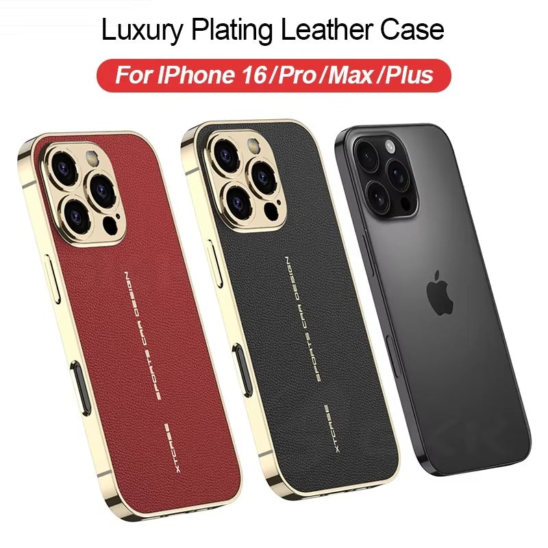 Luxury iPhone Case — Plating Leather Full-Coverage Back Cover with All-Inclusive Lens Protection, Shockproof Anti-Fingerprint Anti-Scratch Design