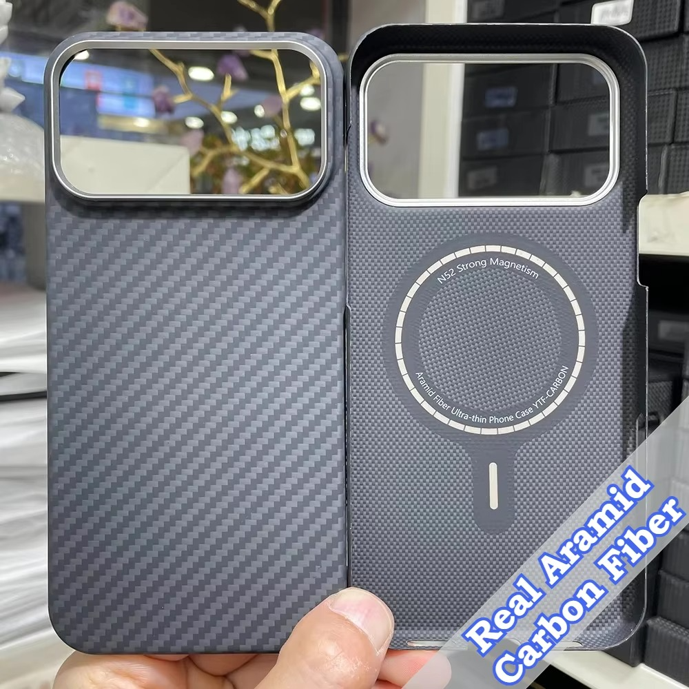 Luxury iPhone Case — Real Aramid Carbon Fiber MagSafe Cover with Alloy Camera Lens Ring, Magnetic Shockproof Business-Grade Protection