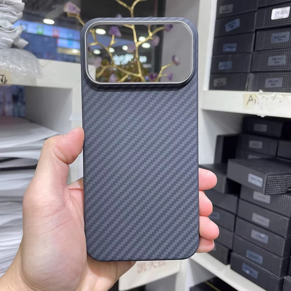 Luxury iPhone Case — Real Aramid Carbon Fiber MagSafe Cover with Alloy Camera Lens Ring, Magnetic Shockproof Business-Grade Protection