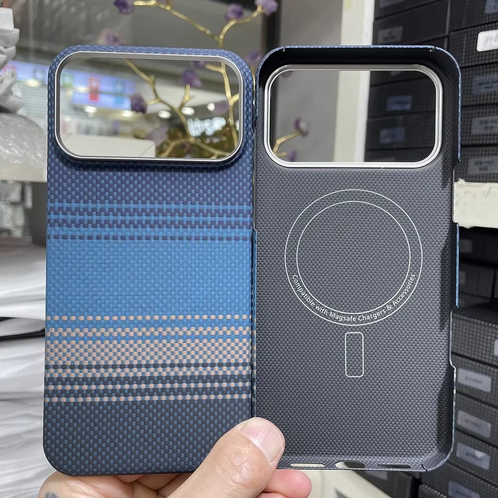 Luxury iPhone Case — Real Aramid Carbon Fiber MagSafe Cover with Alloy Camera Lens Ring, Magnetic Shockproof Business-Grade Protection