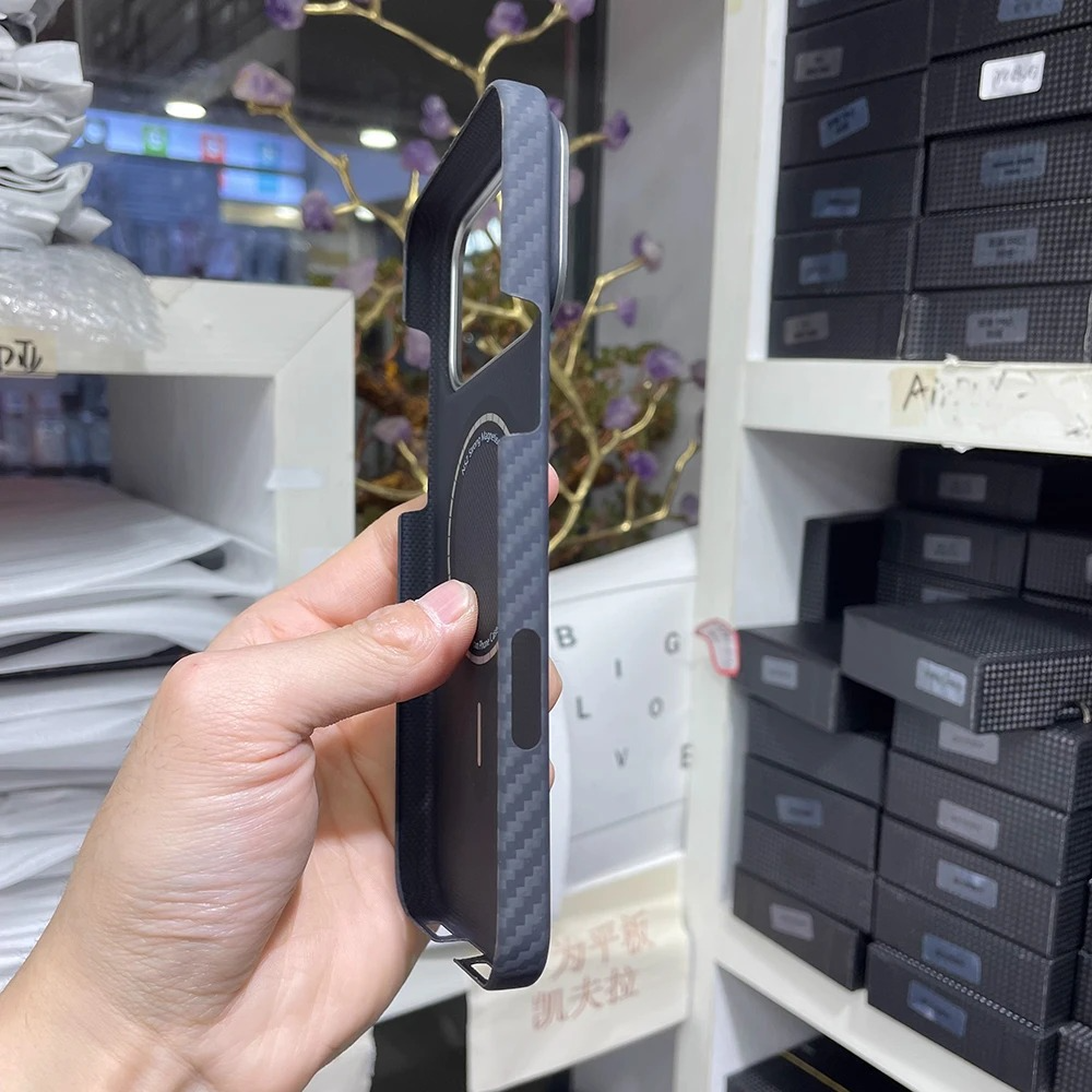 Luxury iPhone Case — Real Aramid Carbon Fiber MagSafe Cover with Alloy Camera Lens Ring, Magnetic Shockproof Business-Grade Protection