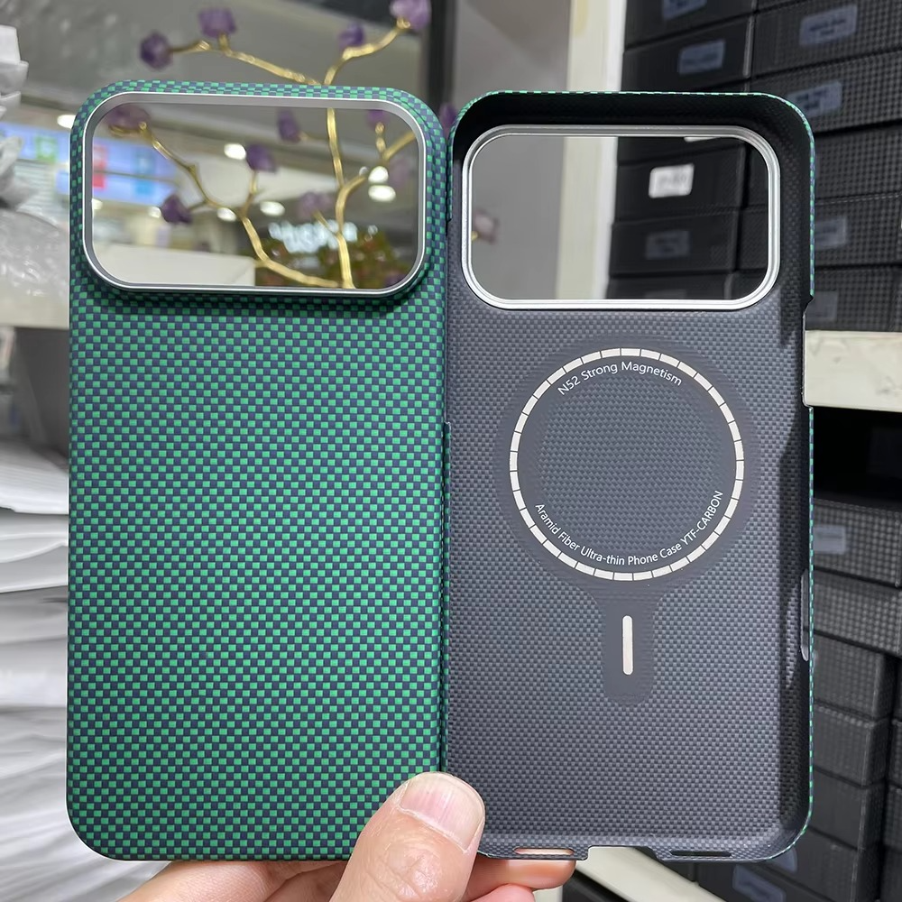 Luxury iPhone Case — Real Aramid Carbon Fiber MagSafe Cover with Alloy Camera Lens Ring, Magnetic Shockproof Business-Grade Protection