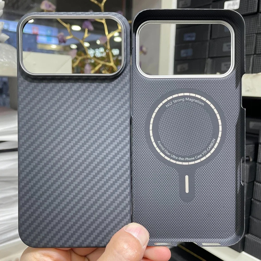 Luxury iPhone Case — Real Aramid Carbon Fiber MagSafe Cover with Alloy Camera Lens Ring, Magnetic Shockproof Business-Grade Protection