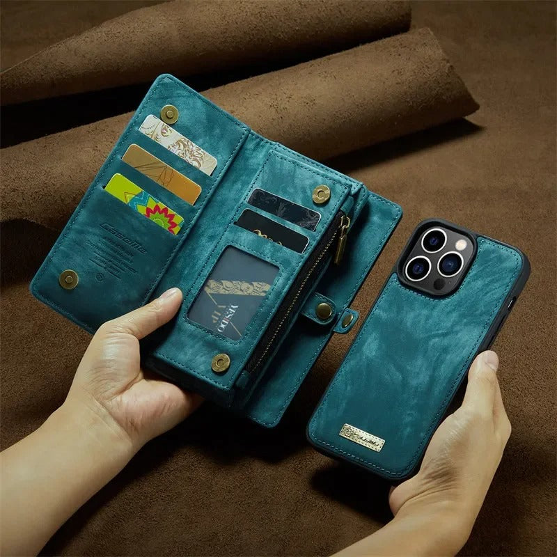 Luxury iPhone Case — Removable Magnetic Wallet Cover with Metal Zipper, 8-Slot Card Purse, Anti-Fingerprint Leather Design and Lanyard Strap