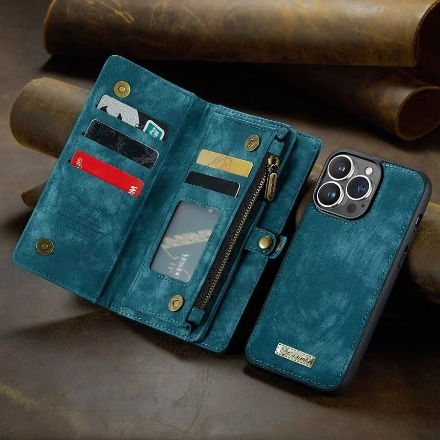 Luxury iPhone Case — Removable Magnetic Wallet Cover with Metal Zipper, 8-Slot Card Purse, Anti-Fingerprint Leather Design and Lanyard Strap